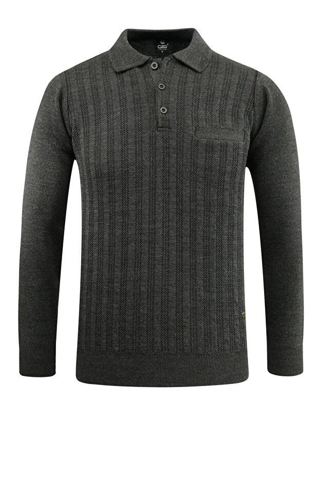 Men's Polo Neck Anthracite Sweater with Pockets Pattern Steel Knit Classic Fit - 5203F