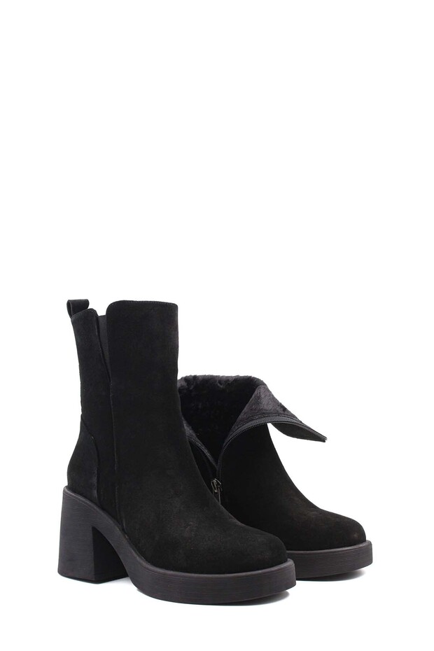 Black Suede Genuine Leather Zippered Thermo Sole Heeled Women's Boots Tg09217192610651113