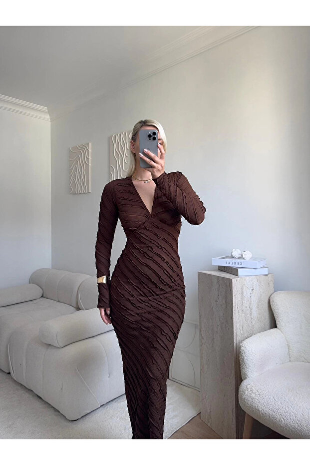 V Yaka Ters Dikiş Elbise - KAHVE - 1