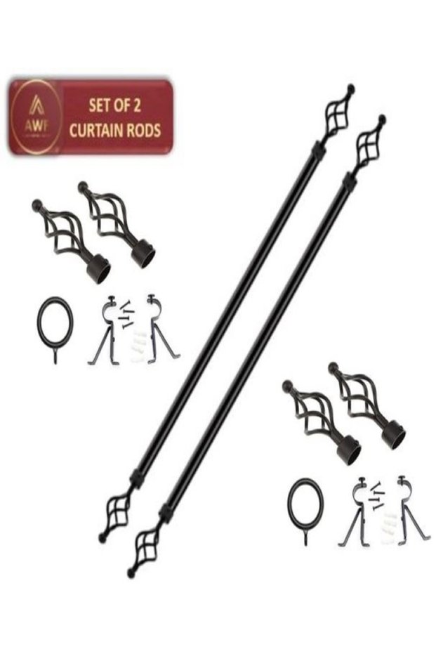 Set of 2 Roman Extendable Window Curtain Rods, Metal Single Rods Drapery Rods BLACK, 200 – 400 cm