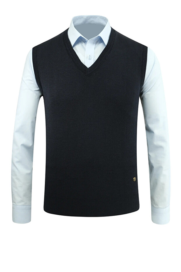 Men's V-Neck Navy Blue Sweater Knitwear Solid Color Steel Knit Classic Fit - 5200H