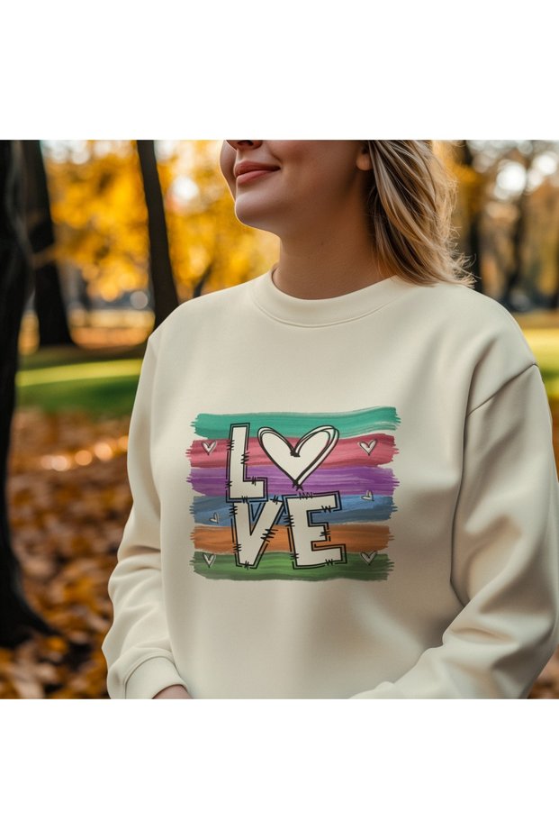 Rengarenk Love Colorful Printed Crew Neck Sweatshirt