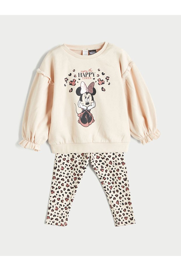 Lcw Kids Beige Minnie Mouse Printed Girls' Sweatshirt and Leggings