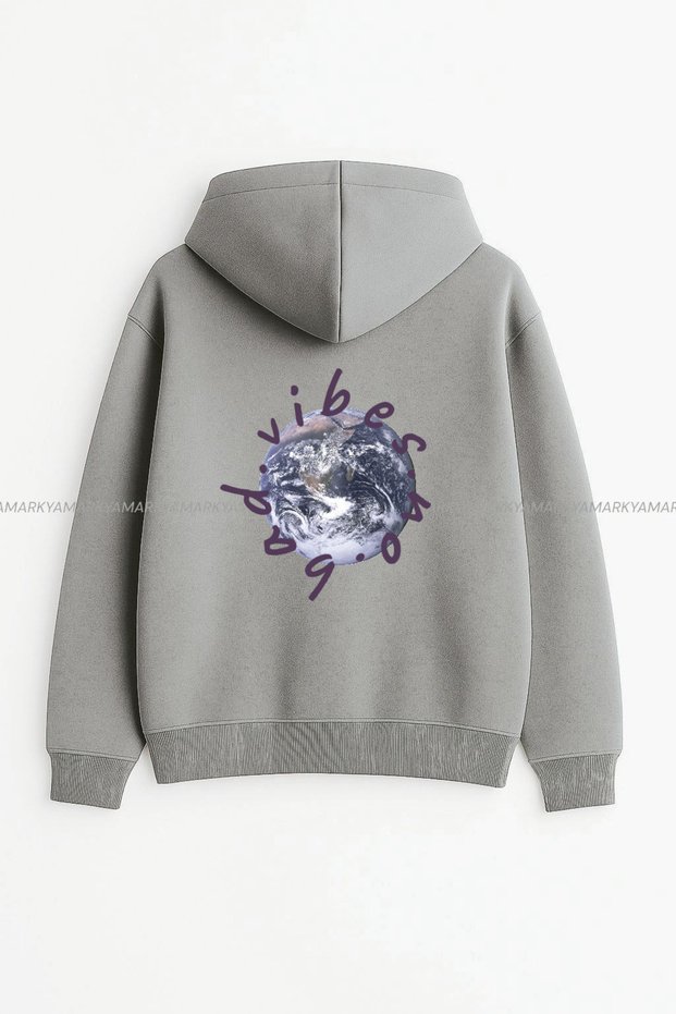 Unisex No Bad Vibes Printed Fleece Oversized Autumn/Winter Hooded Kangaroo Pocket Hoodie Sweatshirt