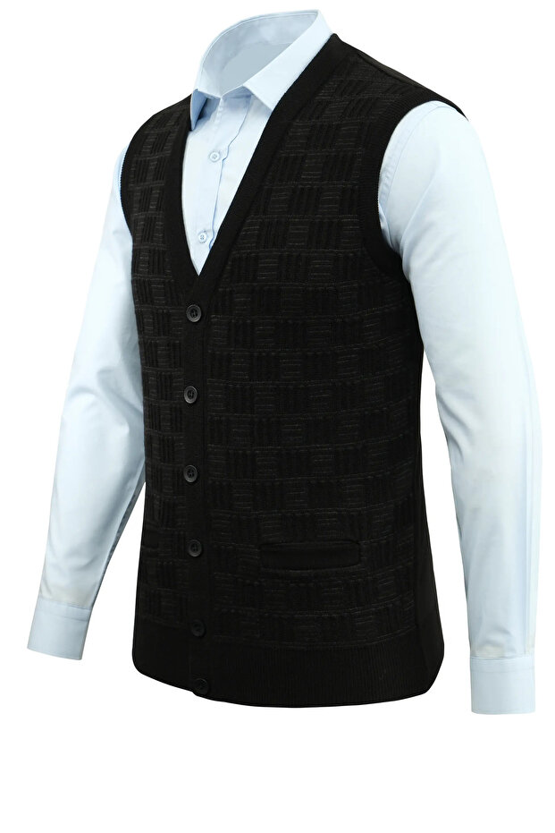 Men's Buttoned Navy Blue Vest with Pockets, Crinkled Steel Knit, Classic Fit - 5215L