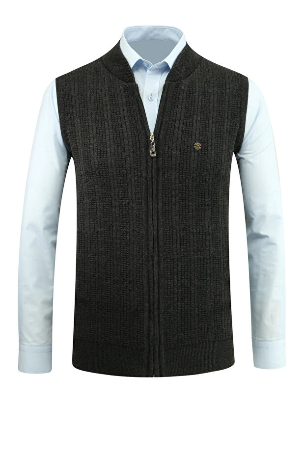 Men's Zippered Knitwear Dark Gray Vest Steel Knit Patterned Classic Fit with Pockets - 5209J