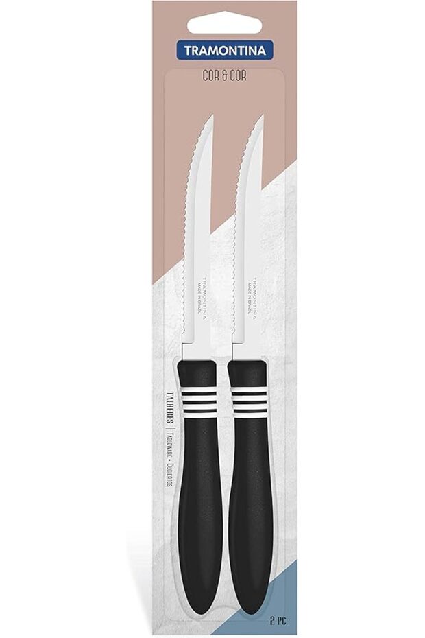 Tramontina Cor&Cor 2 Pieces Steak Knife Set with Stainless Steel Blade and Black Polypropylene Handl