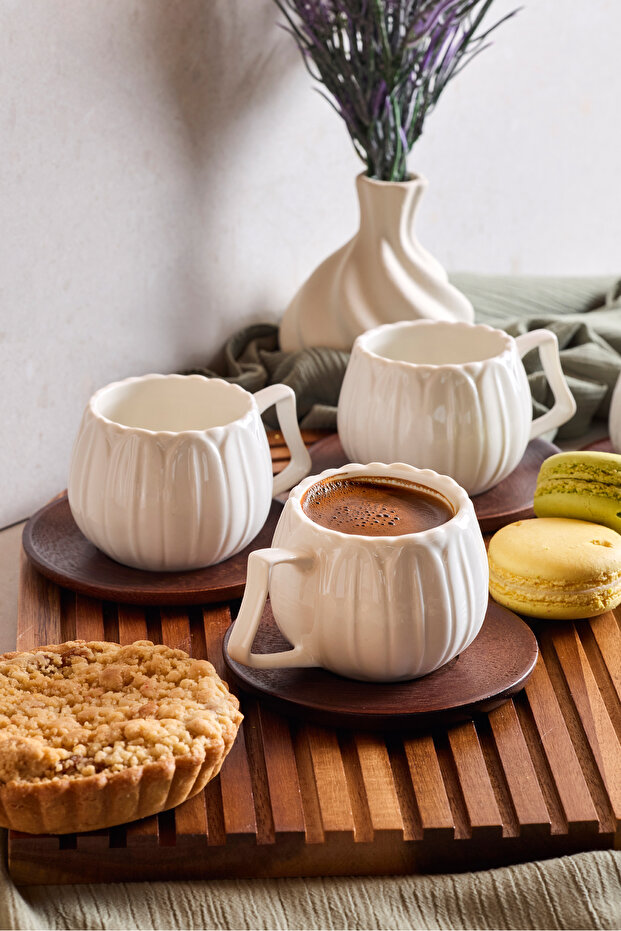 Dark Pumpkin Modern Porcelain Coffee Cup Set with 6 Acacia Plates