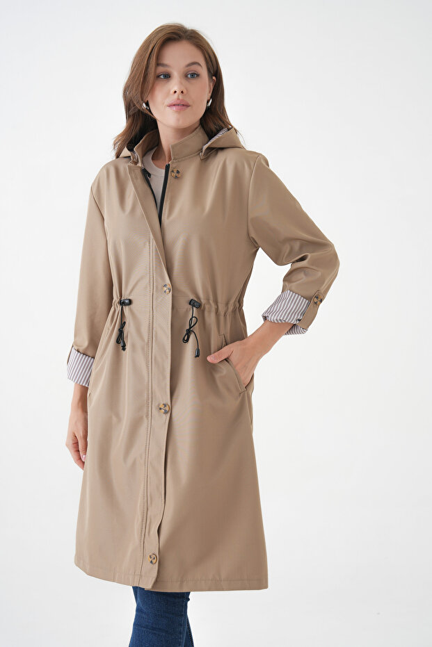 Beige Wind and Water Resistant Detachable Hood Bondit Fabric Trench Coat