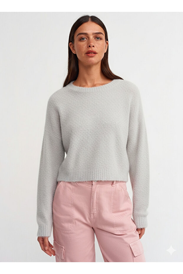 10351 سترة بنمط مخرم وياقة دائرية - رمادي - 1