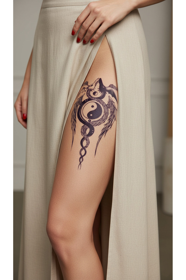 Gerçek Dövme Görünümlü Yin Yang Ejderha Modeli 3 Boyutlu Bacak Dövme Tattoo - 2