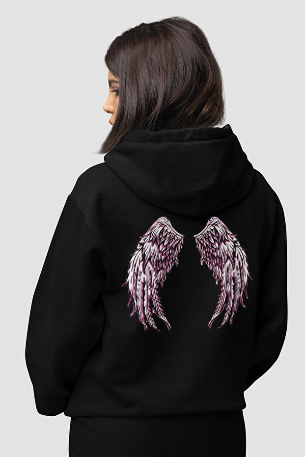 Minimalist Angel Wing Design Hoodie, Cotton Fabric, Stylish and Comfortable Hooded Sweatshirt Black