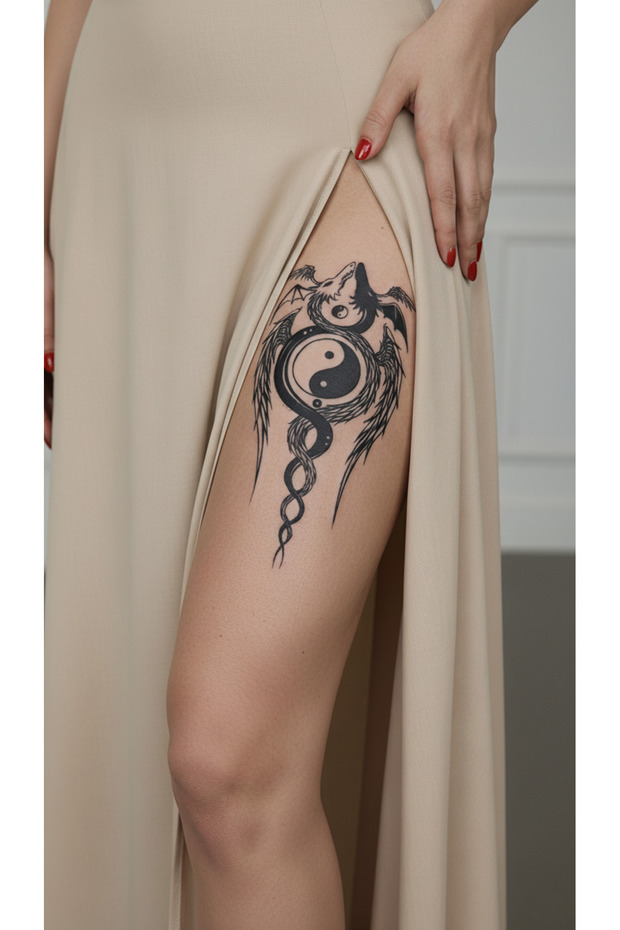 Gerçek Dövme Görünümlü Yin Yang Ejderha Modeli 3 Boyutlu Bacak Dövme Tattoo - 1