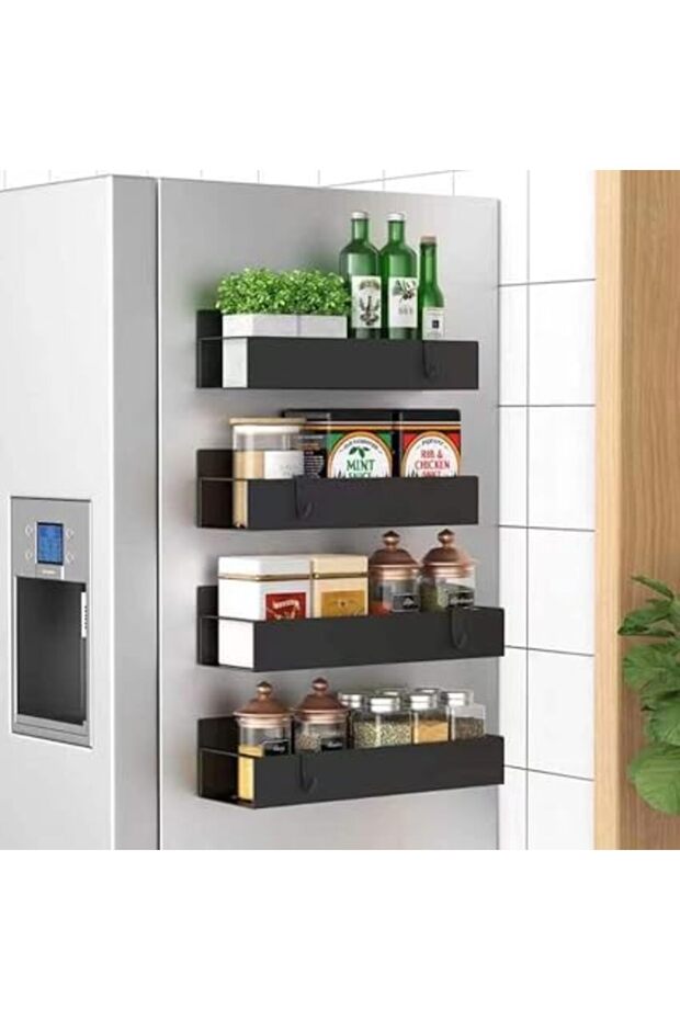 HuggieGems 4 Pack Magnetic Spice Storage Rack Organizer for Refrigerator and Oven, Black Fridge Orga