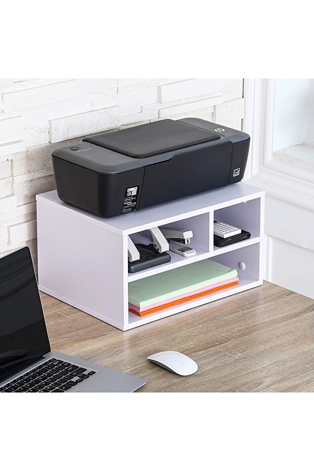 Printer Stand with 3 Storage – White Desktop Paper Organizer for Office & Home