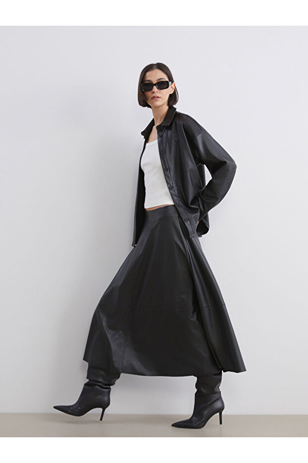 Create Your Style from Uzg Store | Zippered Leather Look Flared Skirt