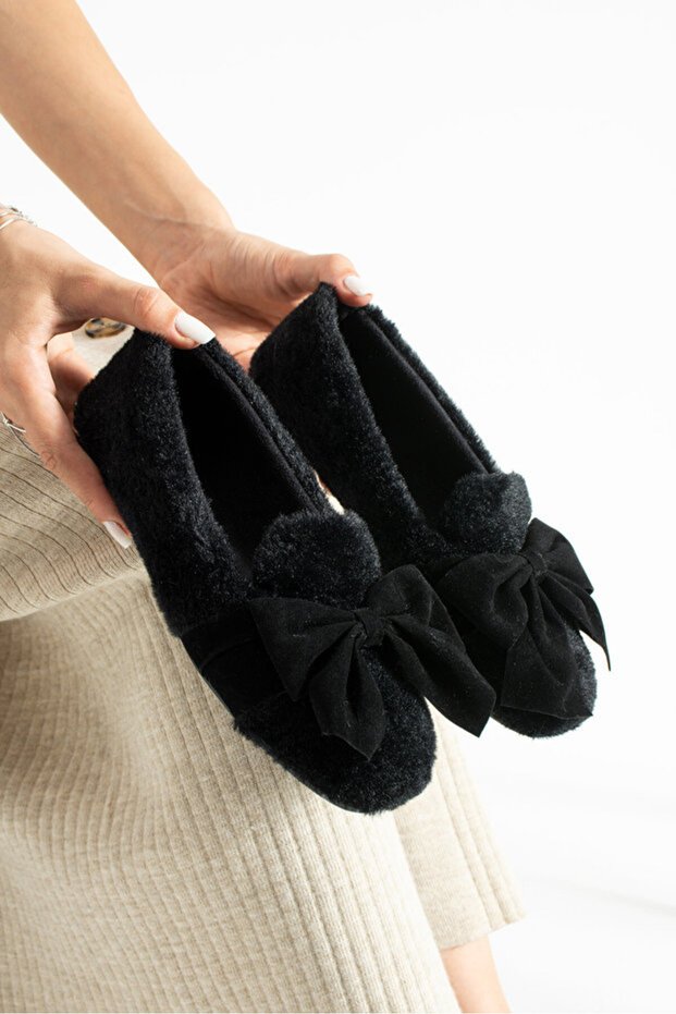 Women's Beige Bow Winter Ballerina Shoes for Home and Outdoor Use Stc1171