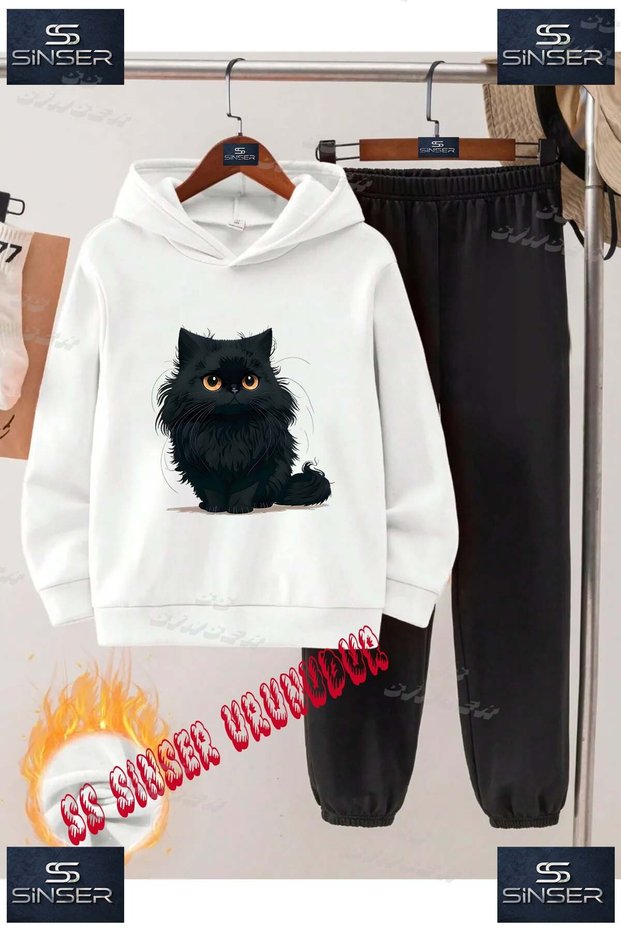 Children's Unisex Printed Hooded Tracksuit Set with the Saying, "Cat Black Feet on the Side."