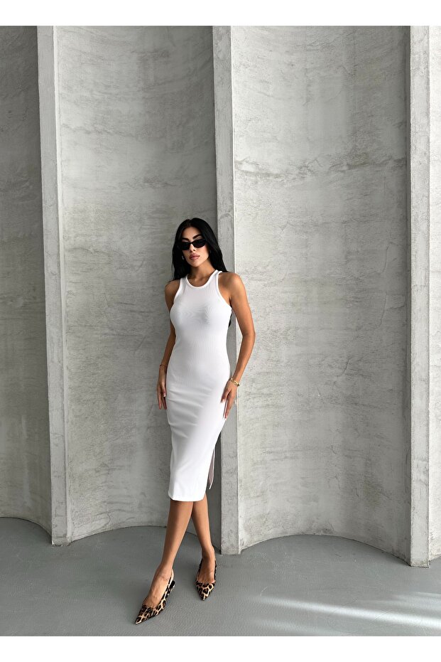 Kadın Siyah Askılı Fitilli Örme Elbise - 2