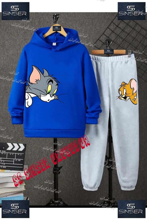 Children's Unisex Printed Hoodie and Sweatpants Set with the Text: "Tom and Jerry Heads on Fire"