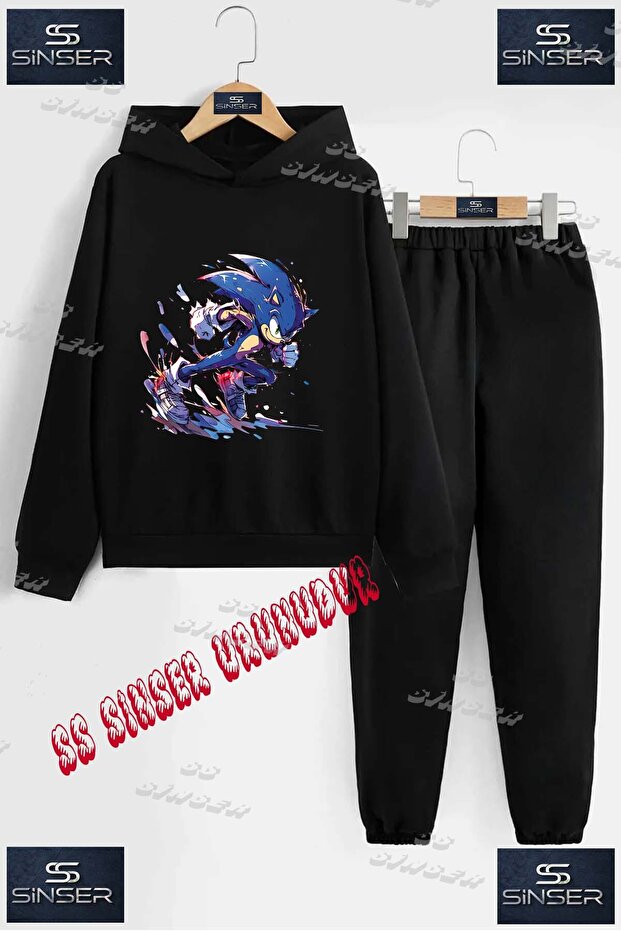 Children's Unisex Printed Hooded Tracksuit Set with the Words "Sonic Kosan Boyali" Printed on It