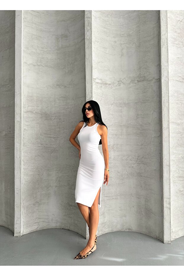 Kadın Siyah Askılı Fitilli Örme Elbise - 4