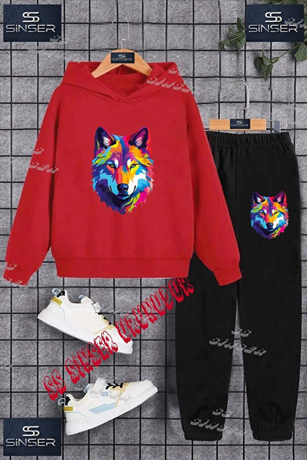 Children's Unisex Printed Hooded Tracksuit Set with the Text: "Wolf Painted Colorful Head"