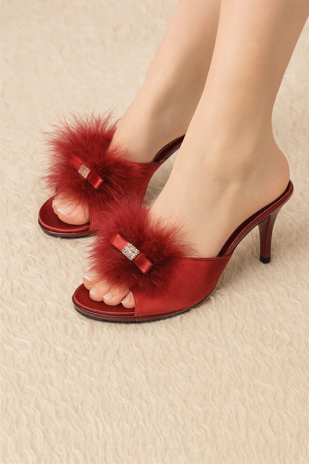 Women's Burgundy Stone Feather Heeled Lelin Dowry Platform House Slippers Q1L7K5Ck