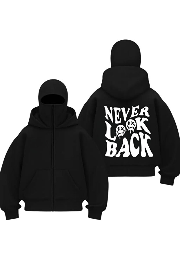 Black Never Look Back Printed Balaclava Unisex Sweatshirt Cardigan