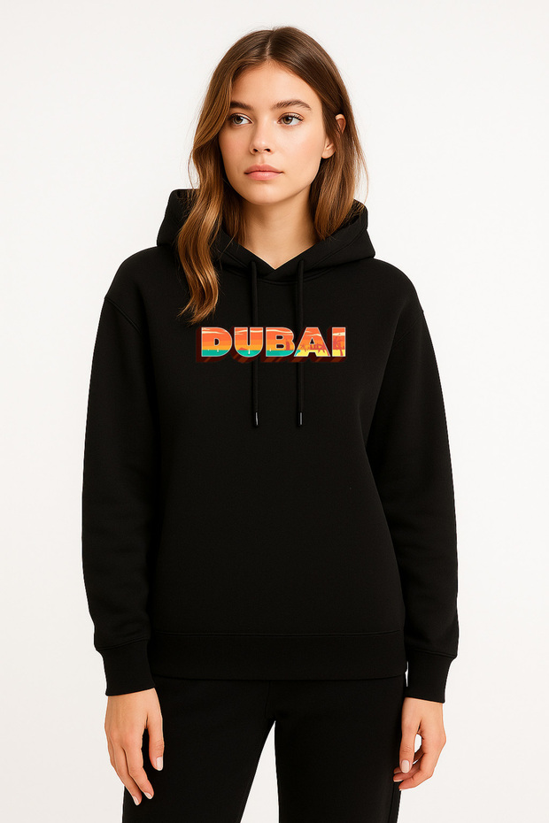 Dubai Written Printed Women's Black Hooded Sweatshirt Hoodie