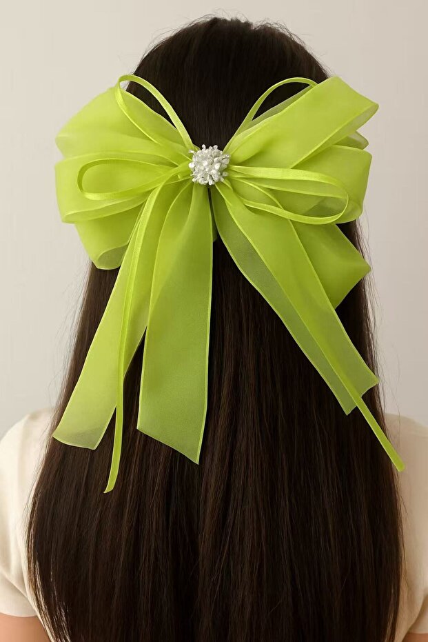 Sparkling Bow Hair Clip with Stone Detail – Neon Green