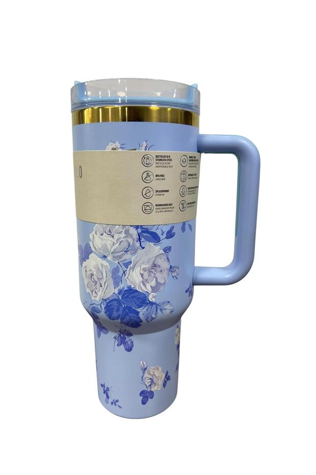 Mavi Çiçek desen Pipetli İthal termos bardak 1.18 L - 1
