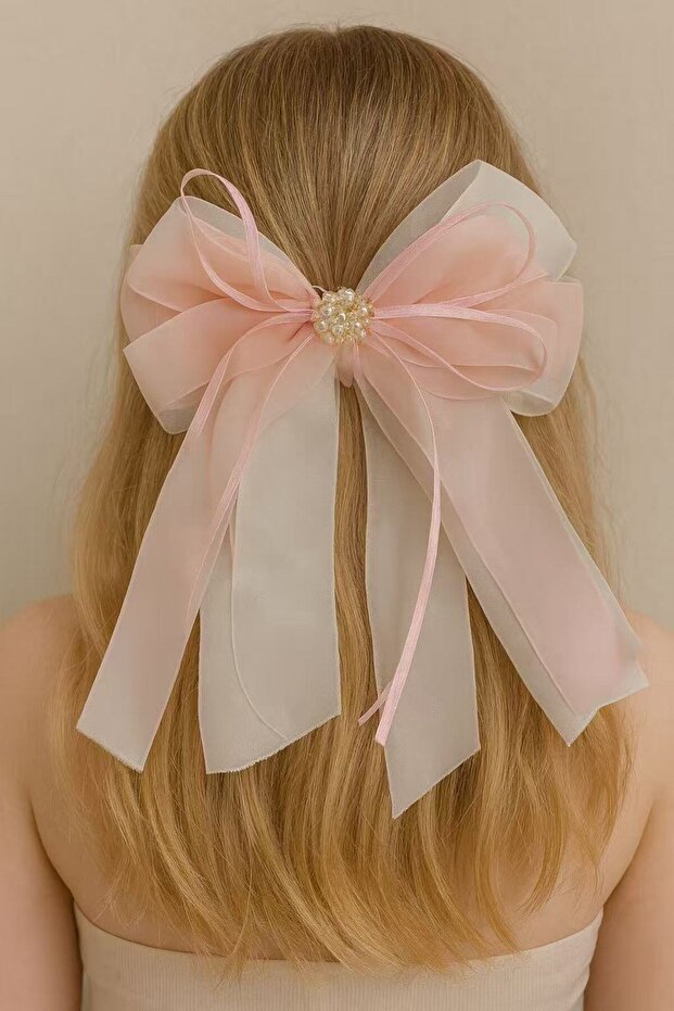 Pearl Detailed Powder Pink Bow Hair Clip
