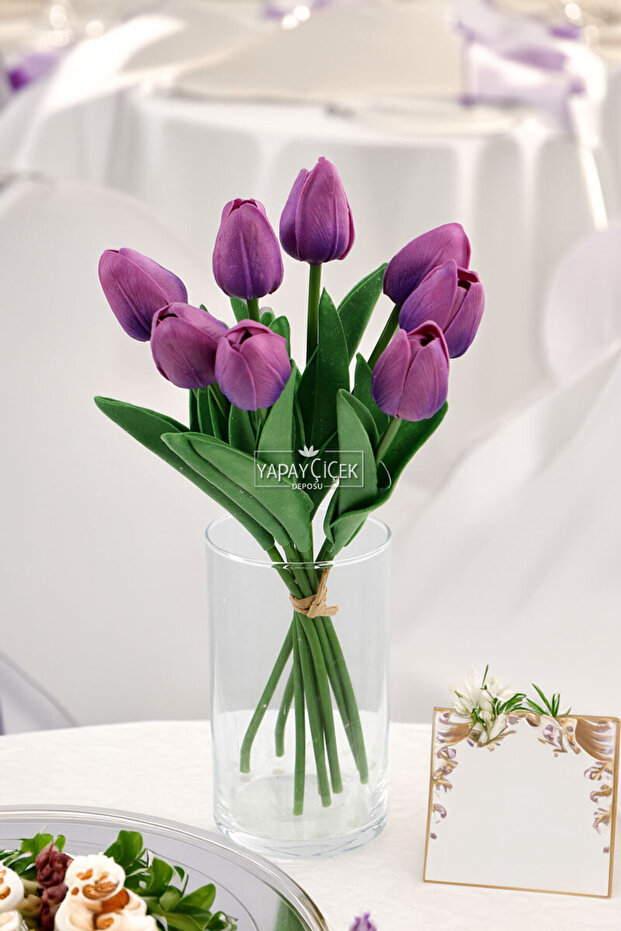 Yapay 8li Islak Lale Buketi Gerçek Doku Ebruli Mor - 2
