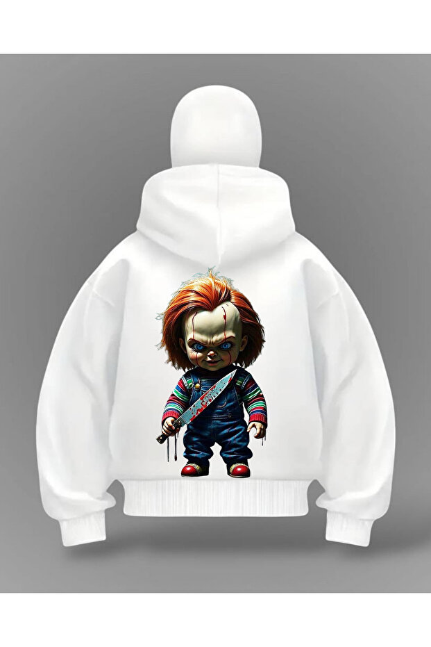 White Chucky Printed Balaclava Oversize Sweatshirt Cardigan