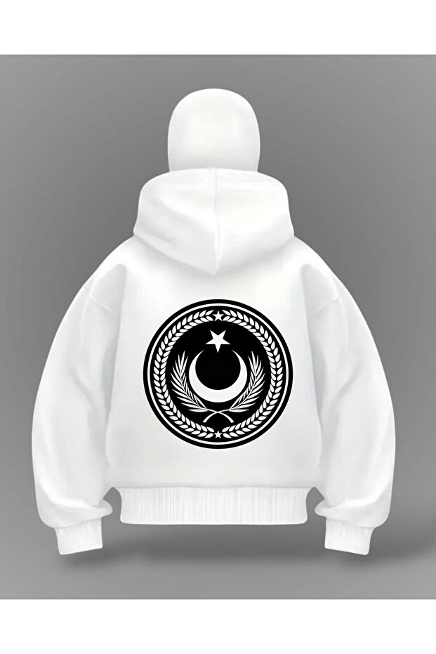 White Turkish Flag Printed Oversize Sweatshirt Cardigan with Balaclava