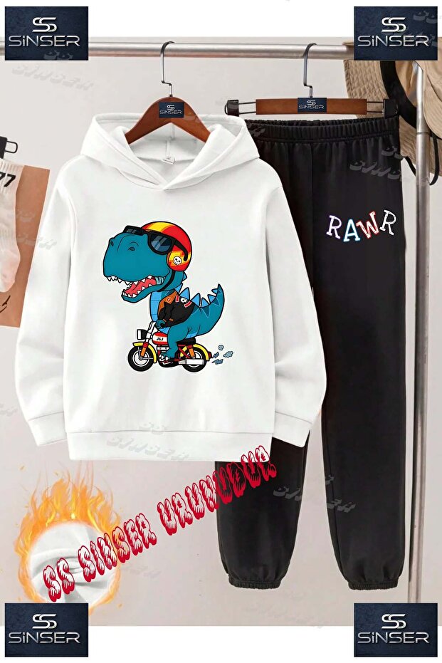 Children's Unisex Printed Hooded Tracksuit Set with the Text: "Rawr Dino Motorlu"
