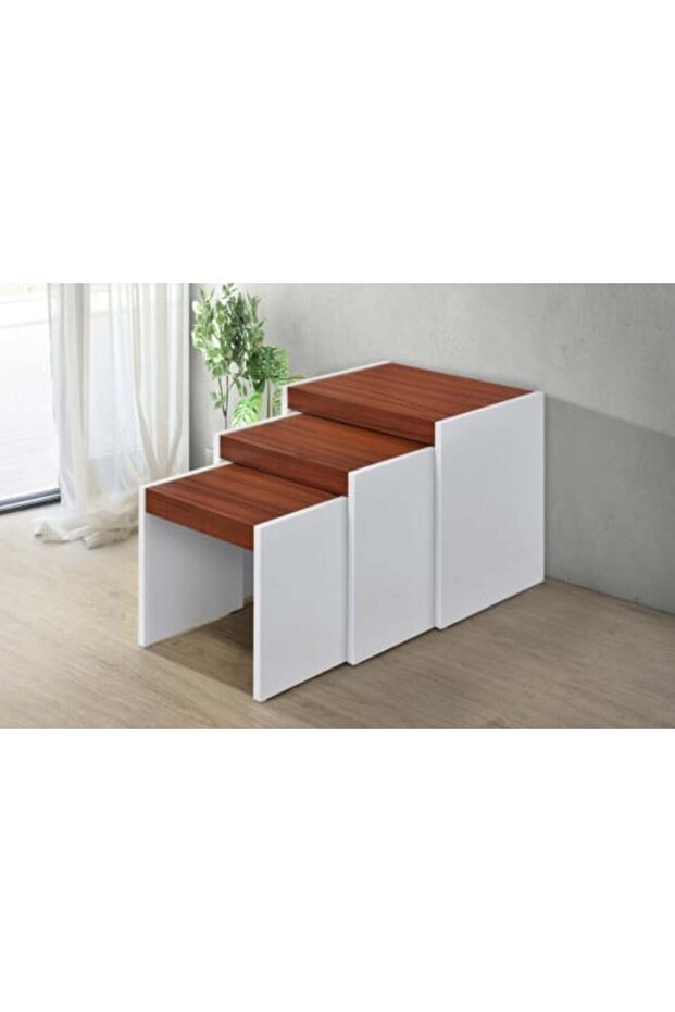 طقم طاولات جانبية متشابكة من 3 قطع - أبيض وبني - 1