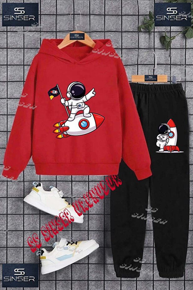 Children's Unisex Printed Hoodie and Sweatpants Set with the Text: "Astronaut Shuttle Flag in Hands".