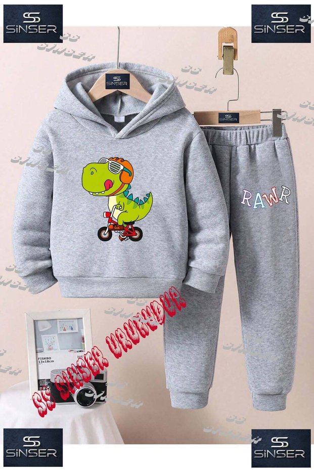 Children's Unisex Printed Hooded Tracksuit Set with the Text: "Rawr Dino Green Bike on It".