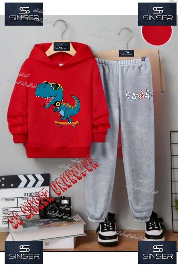 Children's Unisex Printed Hooded Tracksuit Set with the Words "Rawr Doni Kaykayli"