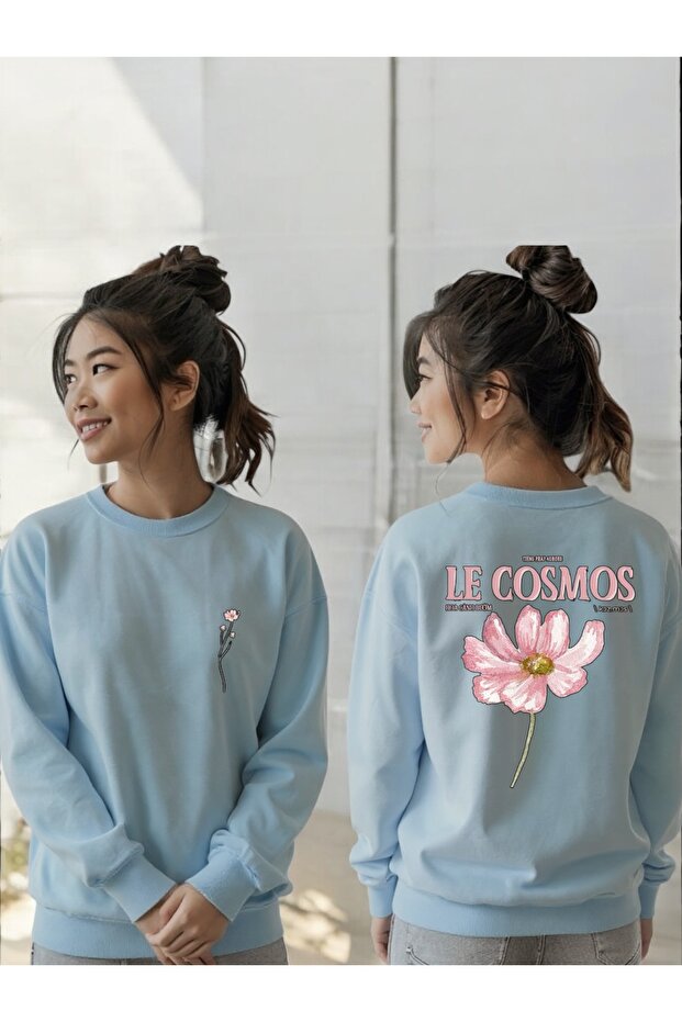 Unisex Long Sleeve Le Cosmos Pink Floral Transfer Printed Crew Neck Sweatshirt