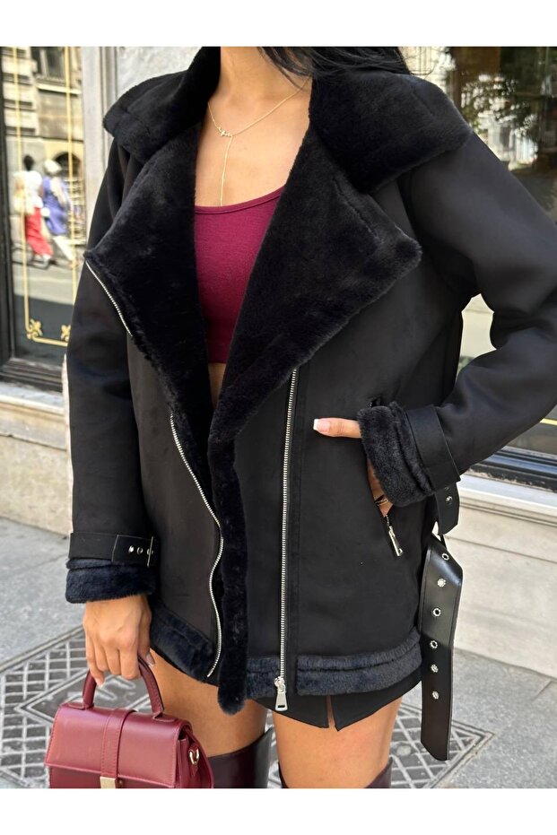 Rapit Suede Coat with Feather Belt