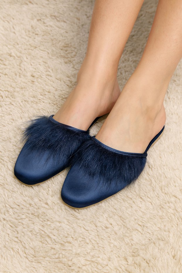 Women's Navy Blue Furry Heelless Lelin Dowry House Slippers Q2L4K5Ck