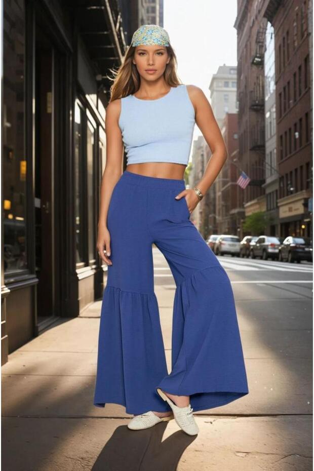 Paçası Ruched Detail Aerobin Fabric Women's Trousers - Elastic Waist, Comfortable Cut 700-3763330