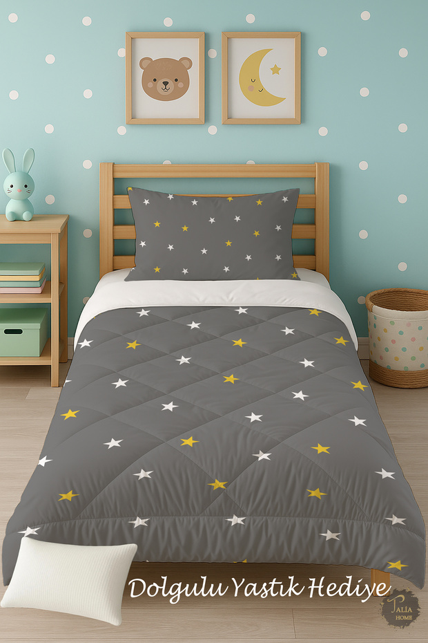 Yellow-White Stars Patterned Single Children's Quilt Sleeping Set Tlag-256
