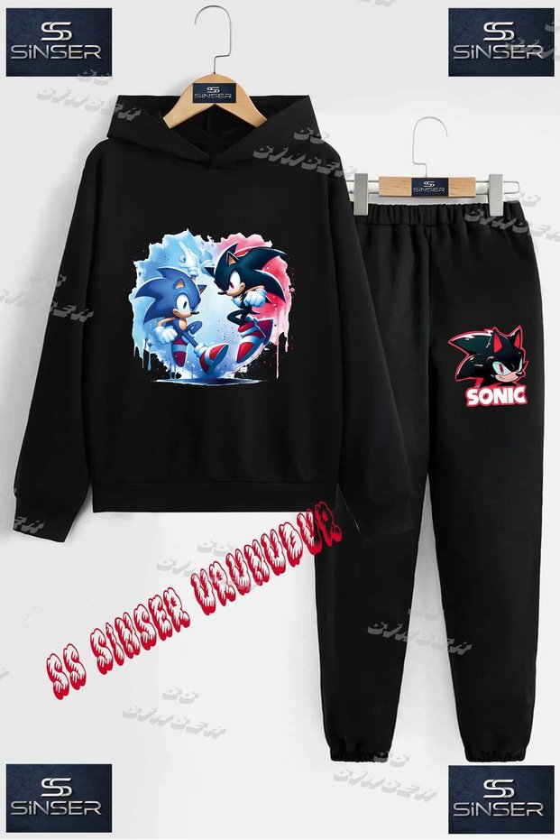 Children's Unisex Special Printed Hooded Tracksuit Set with Hoodie and Sweatpants, Sonic Syh Blue 2-Piece Karktr