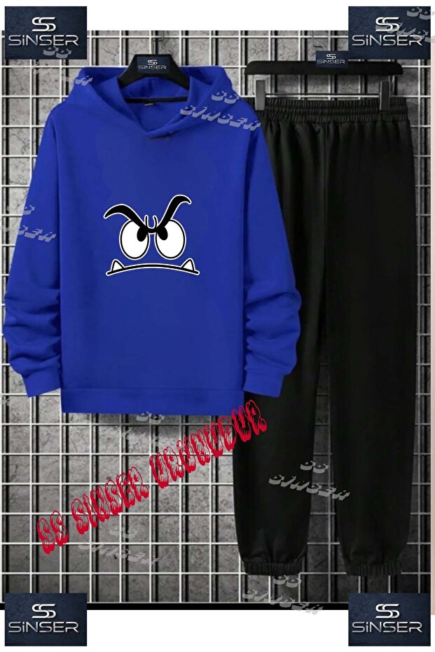 Children's Unisex Printed Hooded Tracksuit Set with a Design of a Face with Two Eyes.
