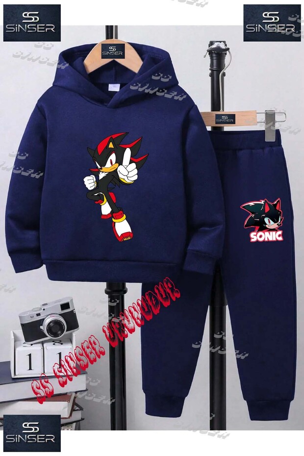 Children's Unisex Special Printed Hoodie and Sweatpants Set with the Text: "Sonic Syh Tekli Isaret Parmk"