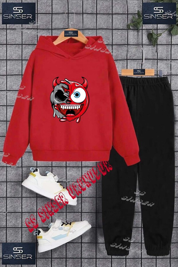 Children's Unisex "Smile Tek Goz Krmz Sytn" Special Printed Hooded Tracksuit Set